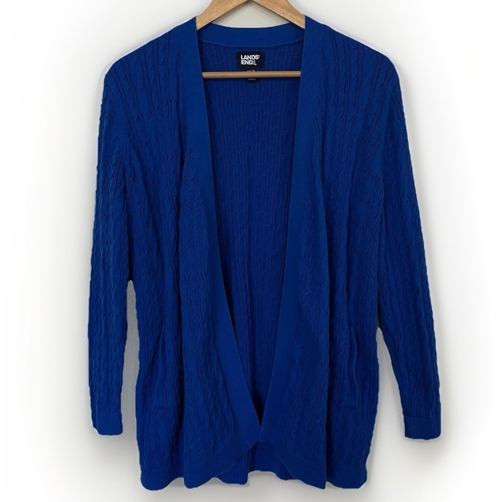 Lands' End Cable Knit Open Cardigan 100% Cotton Blue Pockets Petite Size M